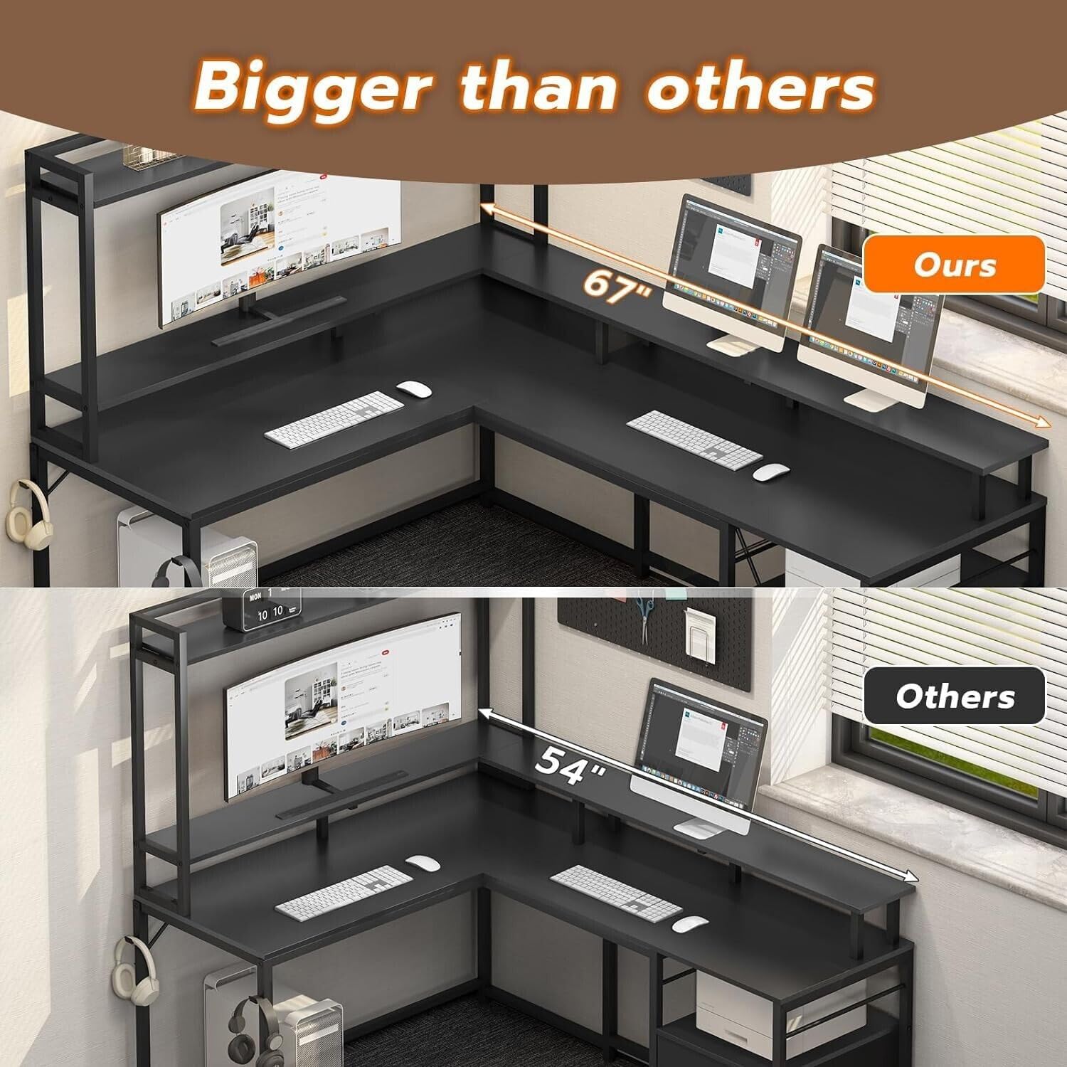 New Modern Black 67" L Shaped Desk Computer Monitor Shelf Two Person Cabinet File Drawer Storage Shelves Led Lights Corner Reversible Office Study Home 67”L x 47.2”W x 62.2”H of Set