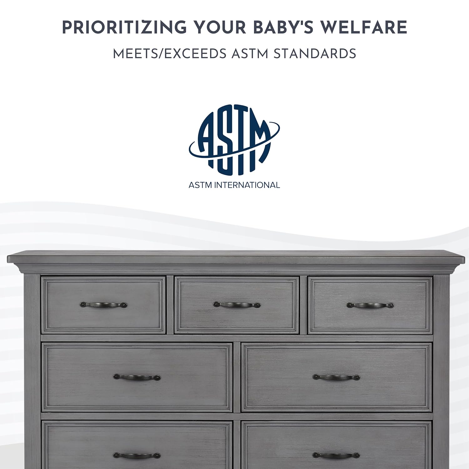Evolur Belmar 7-Drawer Double Dresser in Rustic Grey with Convertible Crib to Full Size Bed Rail, Nursery & Bedroom Furniture