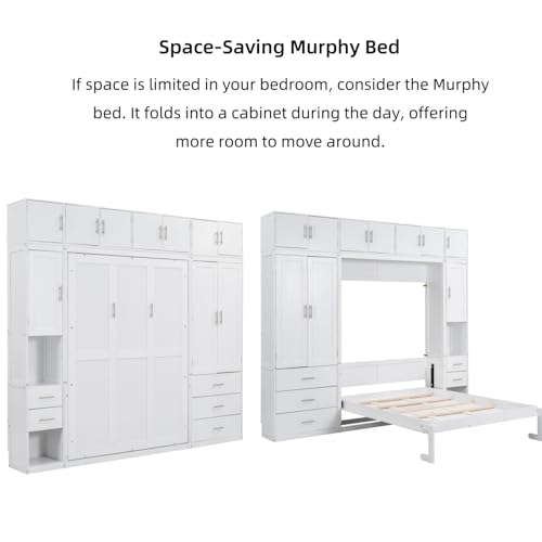 Merax Full Size Murphy Bed Cabinet with Lockers and Storage Wardrobes Shelves, Wood Foldable Hidden Wall Platform Bedframe Chest for Home, Bedroom, Office, Small Room, Apartment