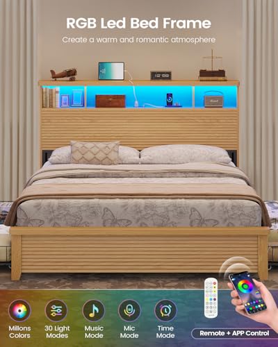 VIAGDO Wood Bed Frame Full Size with 4 Storage Drawers and Charging Station, Fluted Led Full Bed Frame with 2 Tier Storage Headboard, No Box Spring Needed,Wood