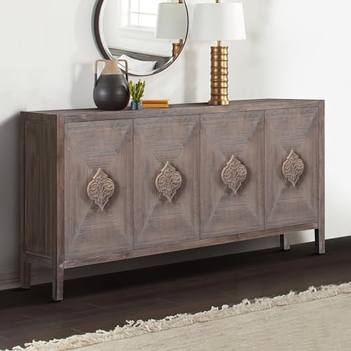 Antique Storage Cabinet Sideboard Buffet Cabinet Cupboard with 4 Carved Flower Handle Doors for Dining Room Living Room Kitchen Hallway (Black)