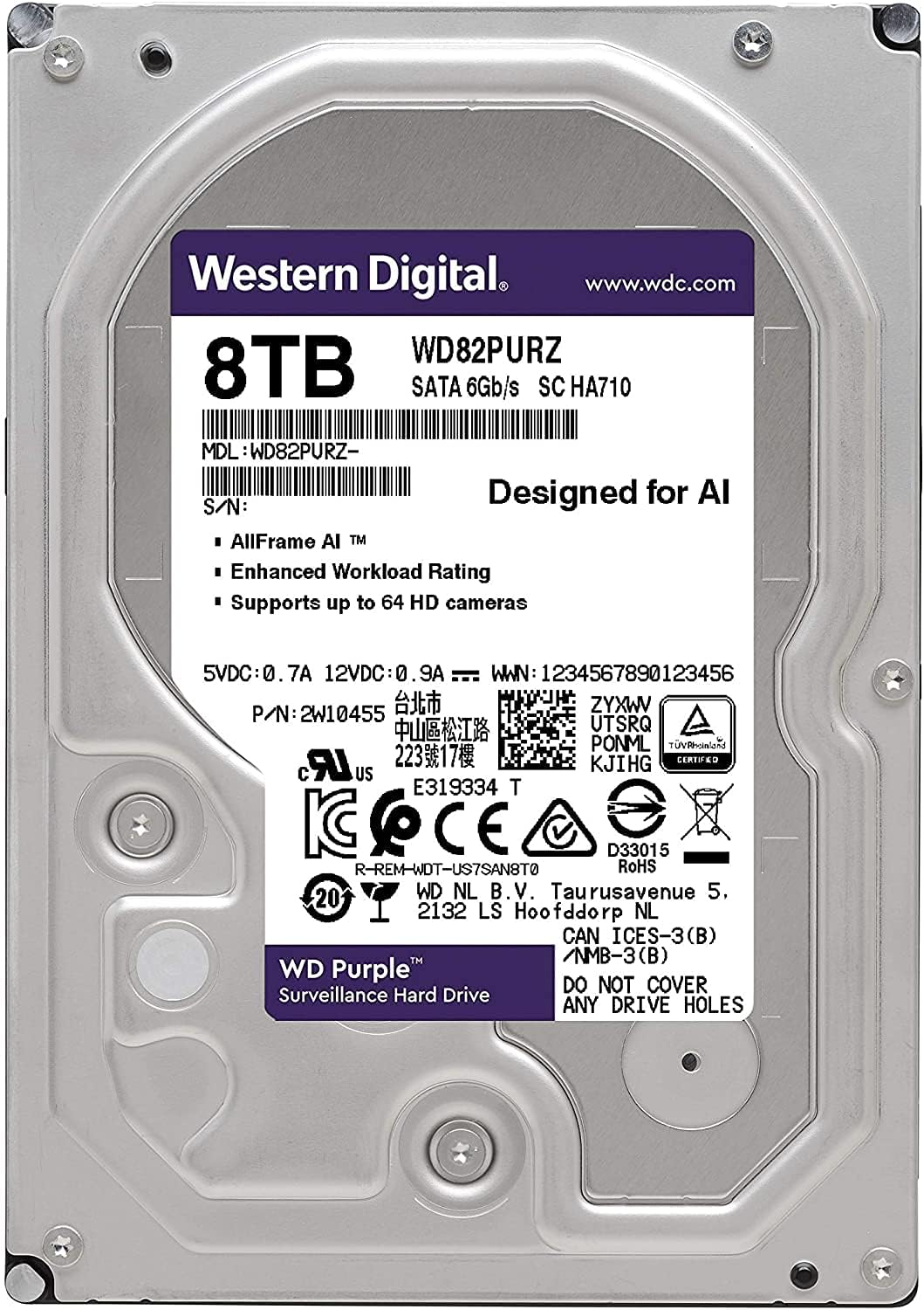 Western Digital - WD 8TB Purple Surveillance Internal Hard Drive - 7200 RPM Class, SATA 6 Gb/s, 256MB Cache, 3.5, Crypto Chia Mining - WD82PURZ - BROAGE HDMI Cable