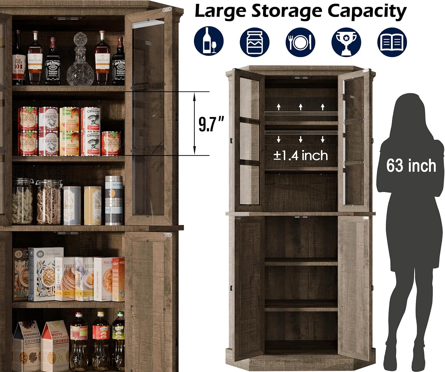 Corner Storage Cabinet, 67" Kitchen Corner Pantry Cabinet with Glass Doors, Farmhouse Tall Corner Curio Display Cabinet with Adjustable Shelves for Dining Room, Living Room, Rustic Brown