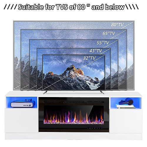 70" Fireplace TV Stand for TVs Up to 80" with 36" Electric Fireplace, TV Console for The Living Room, LED Light Entertainment Center, Storage Cabinet, Media Console Table, Black