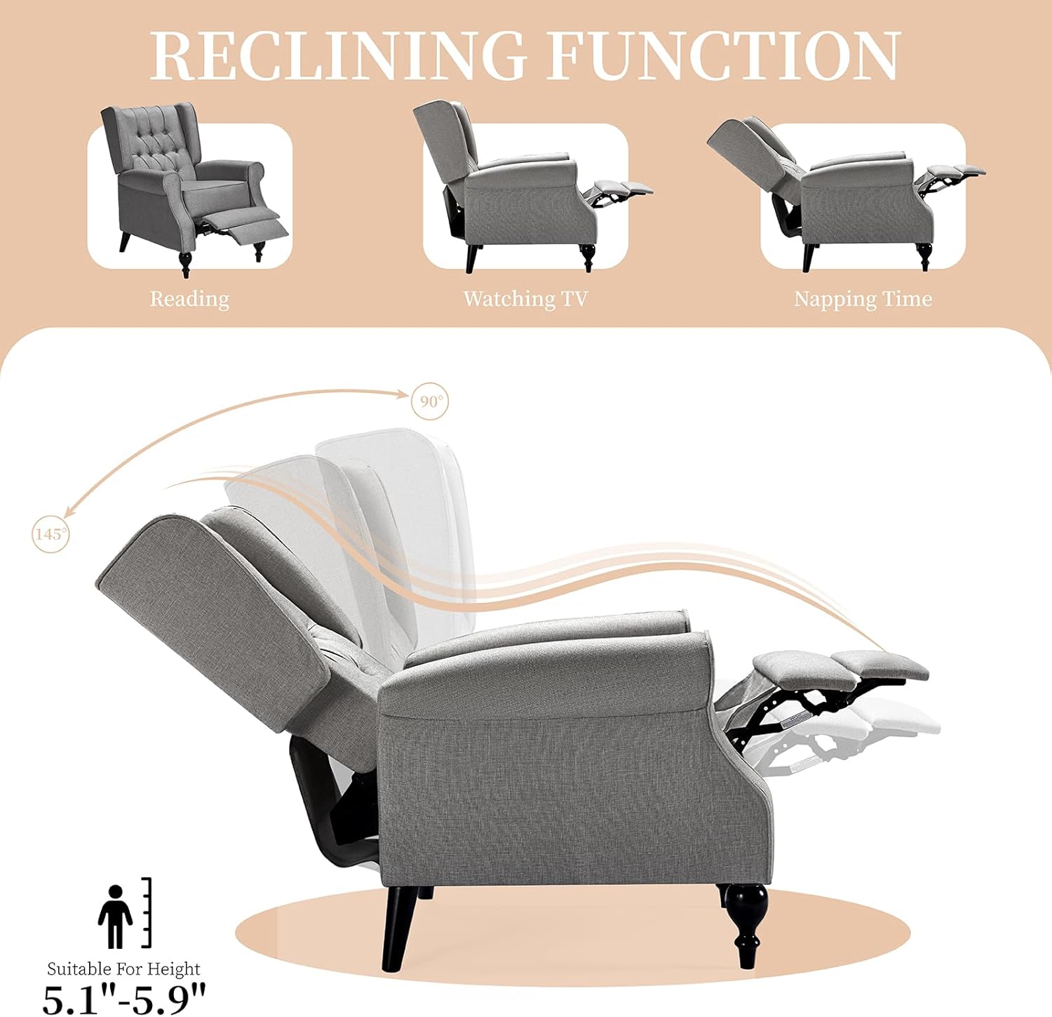 Wing Back Recliner Chair for Living Room, High Back Upholstered Recliner Chairs for Adults, Tufted Accent Lounge Armchair Single Sofa Chair, Dark Gray