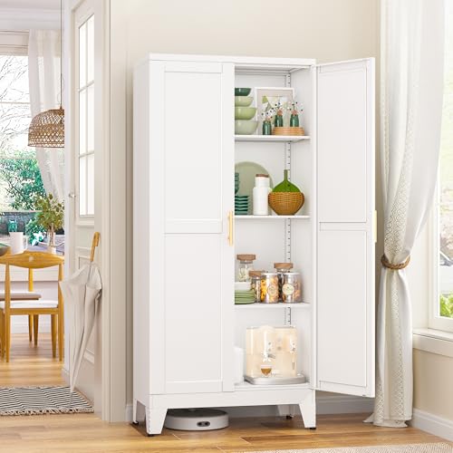 75.2" Tall Metal Pantry Cabinet, Storage Cabinets with 4 Door and 4 Adjustable Shelves, Black Kitchen Pantry Storage Cabinet, Freestanding Cupboard for Kitchen Dining Room Living Room Bathroom