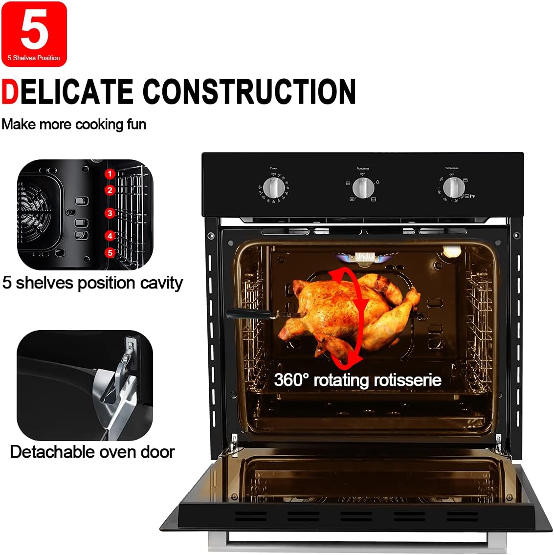Single Gas Wall Oven, GASLAND Chef GS606MBN 24 Built-in Natural Gas Oven, 6 Cooking Functions Convection Wall Oven with Rotisserie, Mechanical Knobs Control, 120V Electric Ignition, Black Glass