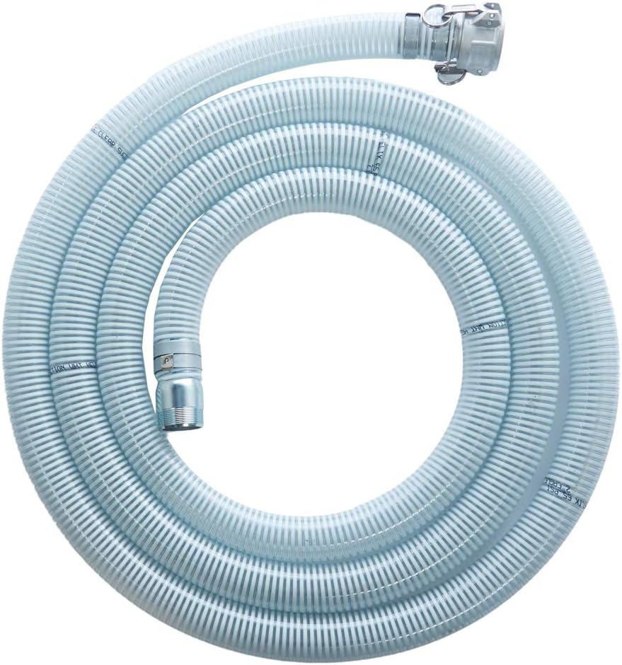 Suction Pump Water Hose with Pump Threads/Camlock - Made in the USA - White/Clear Trash Pump Hose - 2 x 20'