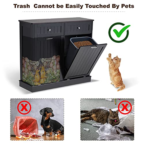 Tilt Out Trash Cabinet, Kitchen Trash Cabinet with Hideaway Drawer, Free Standing Trash Can Holder Cabinet with Storage, Wooden Hidden Trash Can with Bamboo Cutting Board, Dog Proof(White)