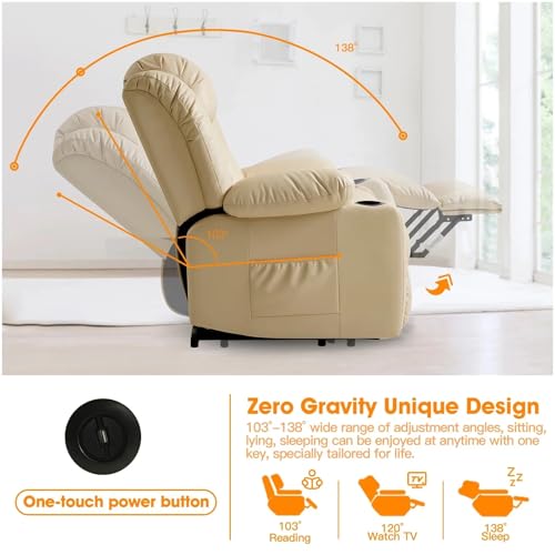 Large Power Lift Recliner Chair Recliners for Elderly, Infinite Position Recliner Chair with Heat and Massage, Breathable Leather(Beige)