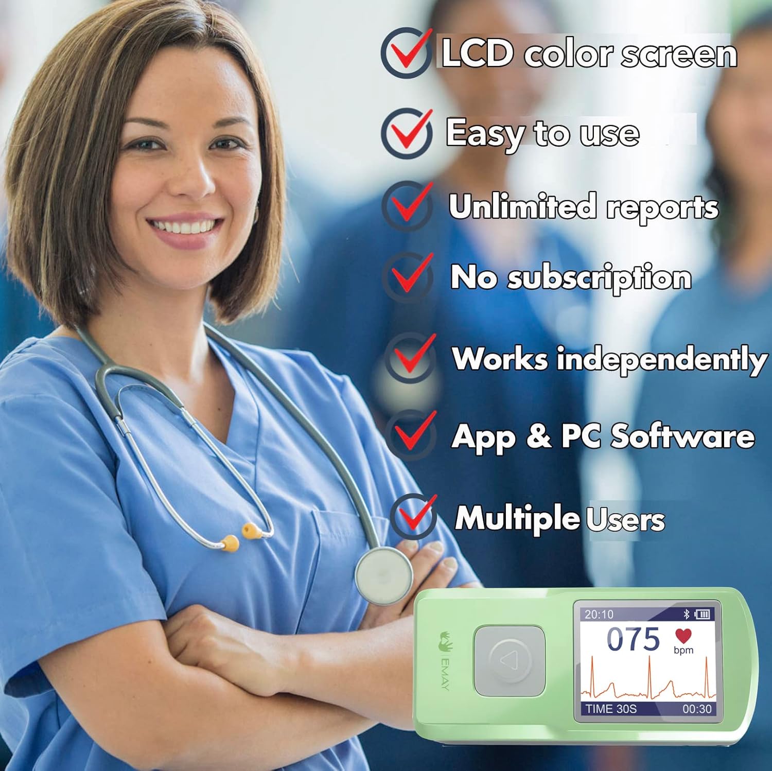 EMAY Portable ECG Monitor | Record ECG and Heart Rate | Compatible with Smartphone and PC (Green)