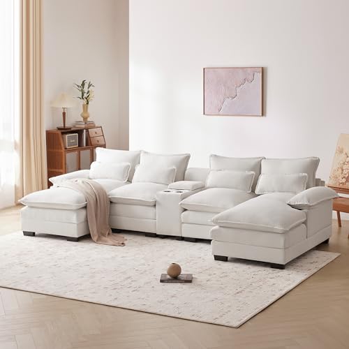 123" Modern U Shaped Sofa Cloud Couch with Console，Sectional Sofa Couch for Living Room with Cupholders and USB Ports，Chenille 4 Seat Modular with Chaise(White)