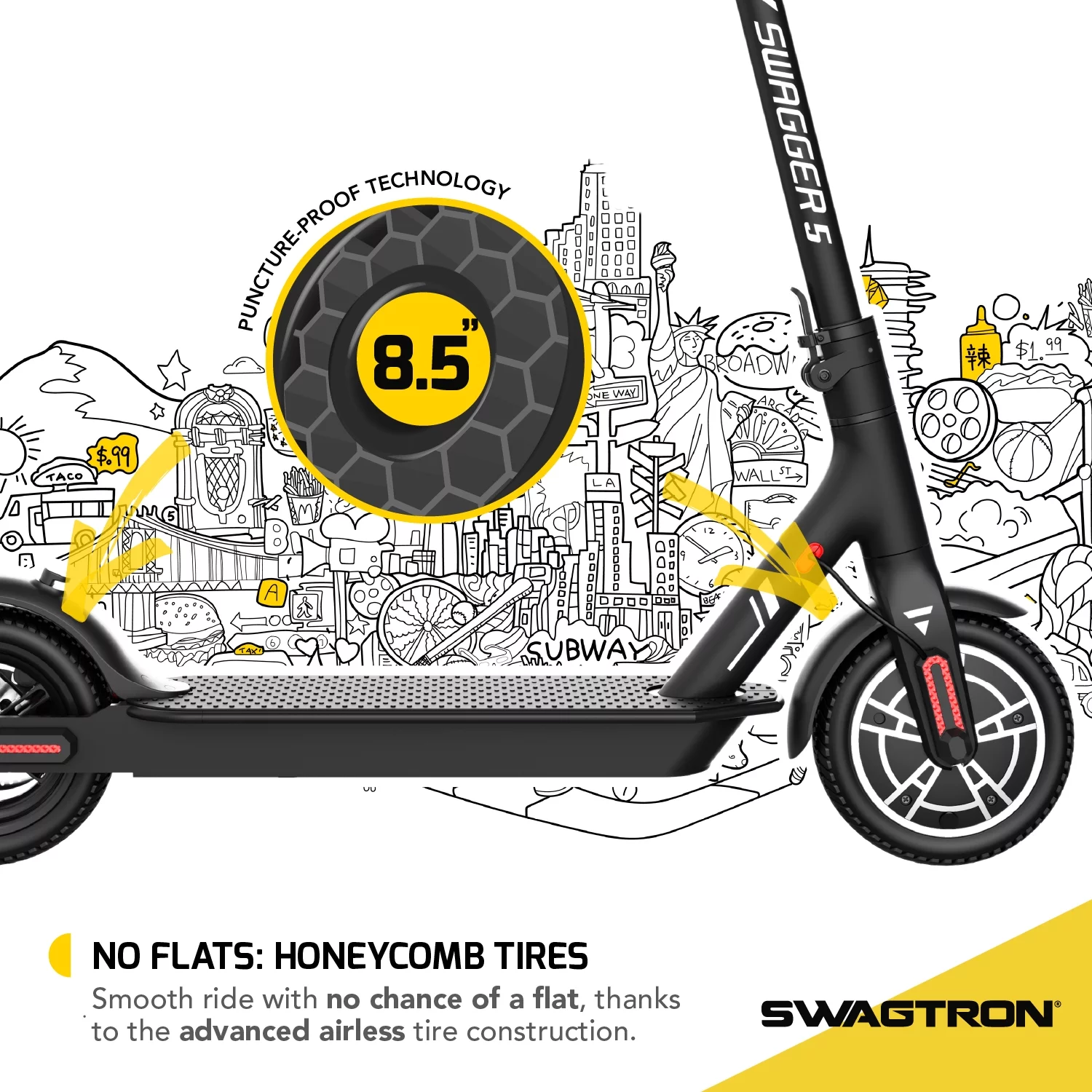 Swagtron Adult Electric Scooter Swagger 5 Boost, 320 lb Weight Limit, 8.5 Inch No-flat Tires, 300W Motor, Quick Folding, 18 Mph, UL 2272 Certified, Long Range