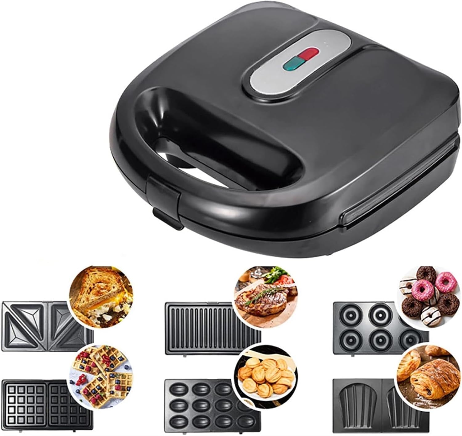 Sandwich Maker, 750W Sandwich Maker with 6 Interchangeable Plates and Non-Stick Coating, Cool-touch Integrated Handles, for Sandwiches, Steaks, Croissants, Mini Waffles