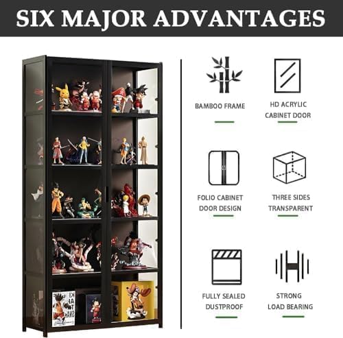 5-Tier Curio Display Cabinet, Storage Shelves with Acrylic Glass Door, Collectibles Toy Organizers Rack & Display Shelf, Kids Bookshelf and Bookcase for Playroom, Bedroom