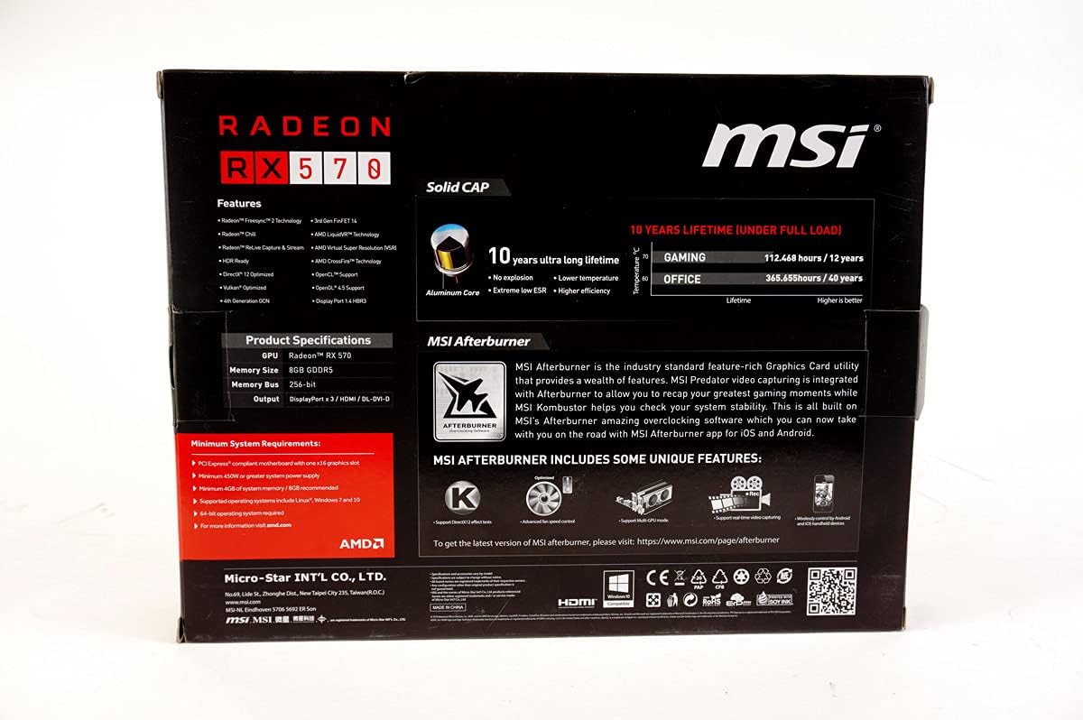 MSI Radeon RX 570 8GT OC Graphics Card, PCI-E x16, VR Ready