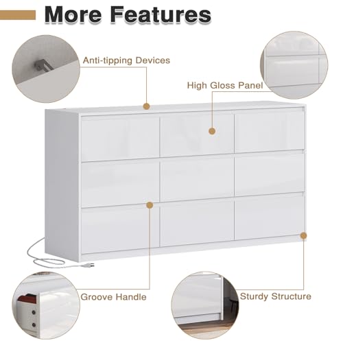 10 Drawer Dresser, White Dresser for Bedroom, High Gloss Modern Dresser & Chest of Drawers, 55" Long Dresser TV Stand, Large Double Dresser for Bedroom