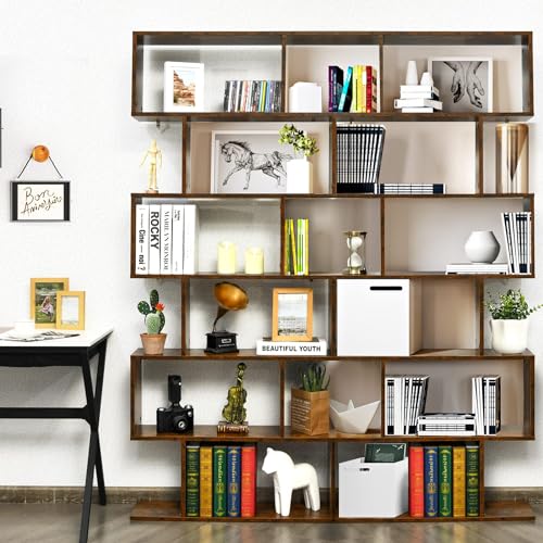 Tangkula 6-Tier Geometric Bookcase, Modern S-Shaped Storage Display Bookshelf for Living Room, Anti-Toppling Device, Home Office Wooden 6 Shelf Open Bookcase (2, Black)