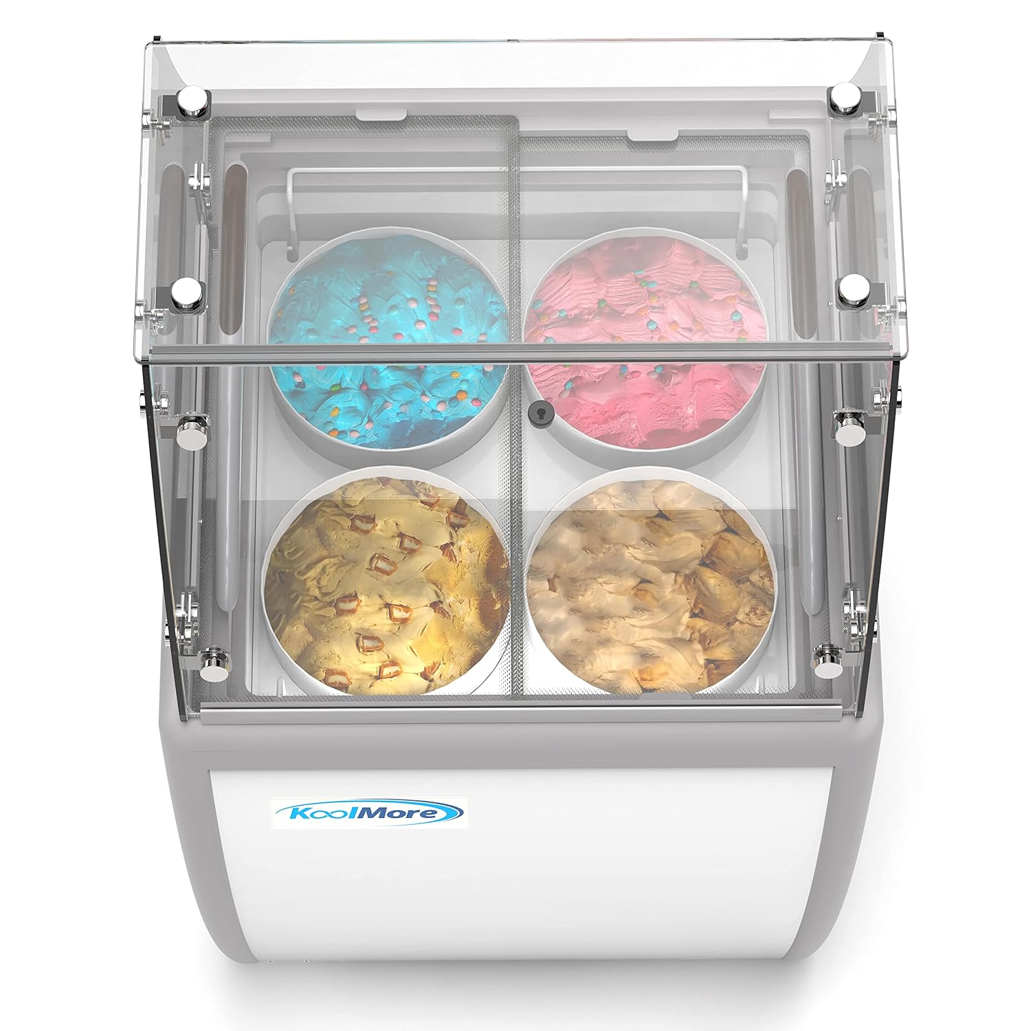Koolmore 26 inch Commercial Ice Cream Dipping Cabinet Display Case with Sneeze Guard, 4 Large Displayed Tubs, Sliding Glass Door, [5.7 Cu. Ft.] (KM-26FG)