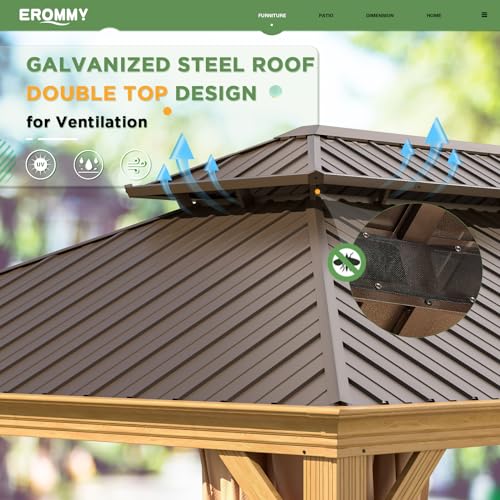EROMMY 14'x20' Hardtop Gazebo Double Roof Galvanized Steel Canopy Outdoor Aluminum Frame Permanent Metal Pavilion with Netting and Curtains for Patio Backyard Deck and Lawns