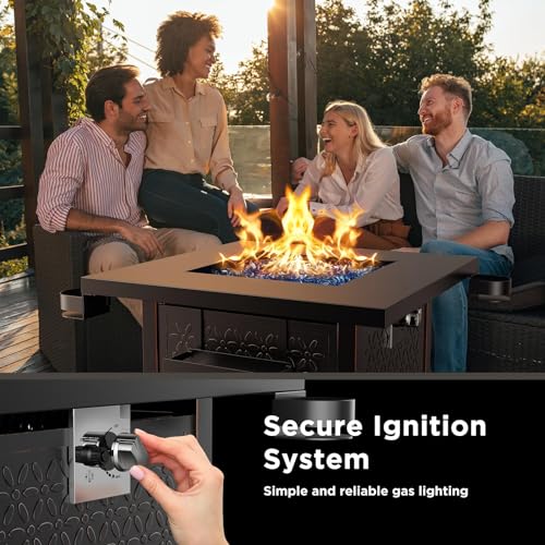 Ciays 28″ Fire Pit Table, Propane Fire Pit with Cup Holders & Hanging Shelf, 50,000 BTU Gas Fire Pit with Glass Stones & Nylon Dust Cover, Quick Ignition System, Patio/Porch/Deck Fire Pit, CIFPT10B