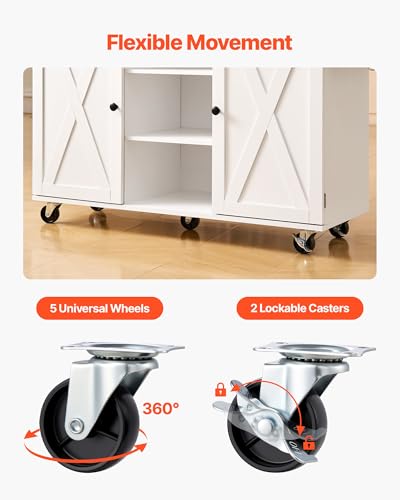 VEVOR Kitchen Island Cart with Solid Wood Top, 35.4" Width Mobile Carts with Storage Cabinet, Rolling Kitchen Table with Spice Rack, Towel Rack, and Drawer, Portable Islands on Wheels, White