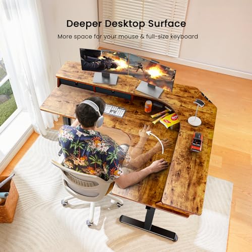 ErGear Electric L Shaped Standing Desk, 65'' Height Adjustable Corner Stand up Desk with Storage Drawers & Cable Management Trays, Modern Home Office Computer Workstation, Black