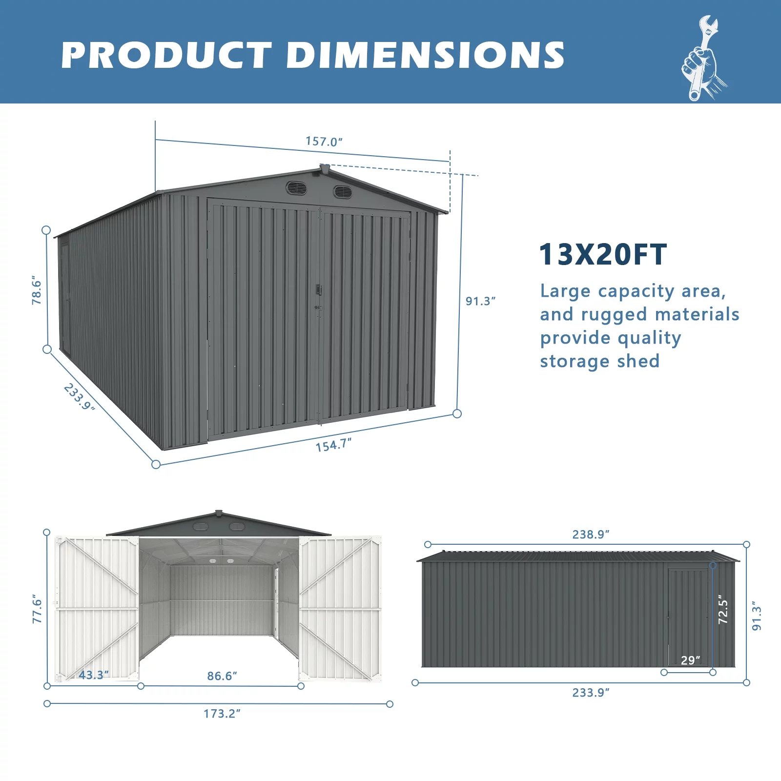 Chery Industrial Car Garage 20x13 ft, Metal Garden Shed Backyard Utility Tool House Building with 2 Doors and 4 Vents for Car