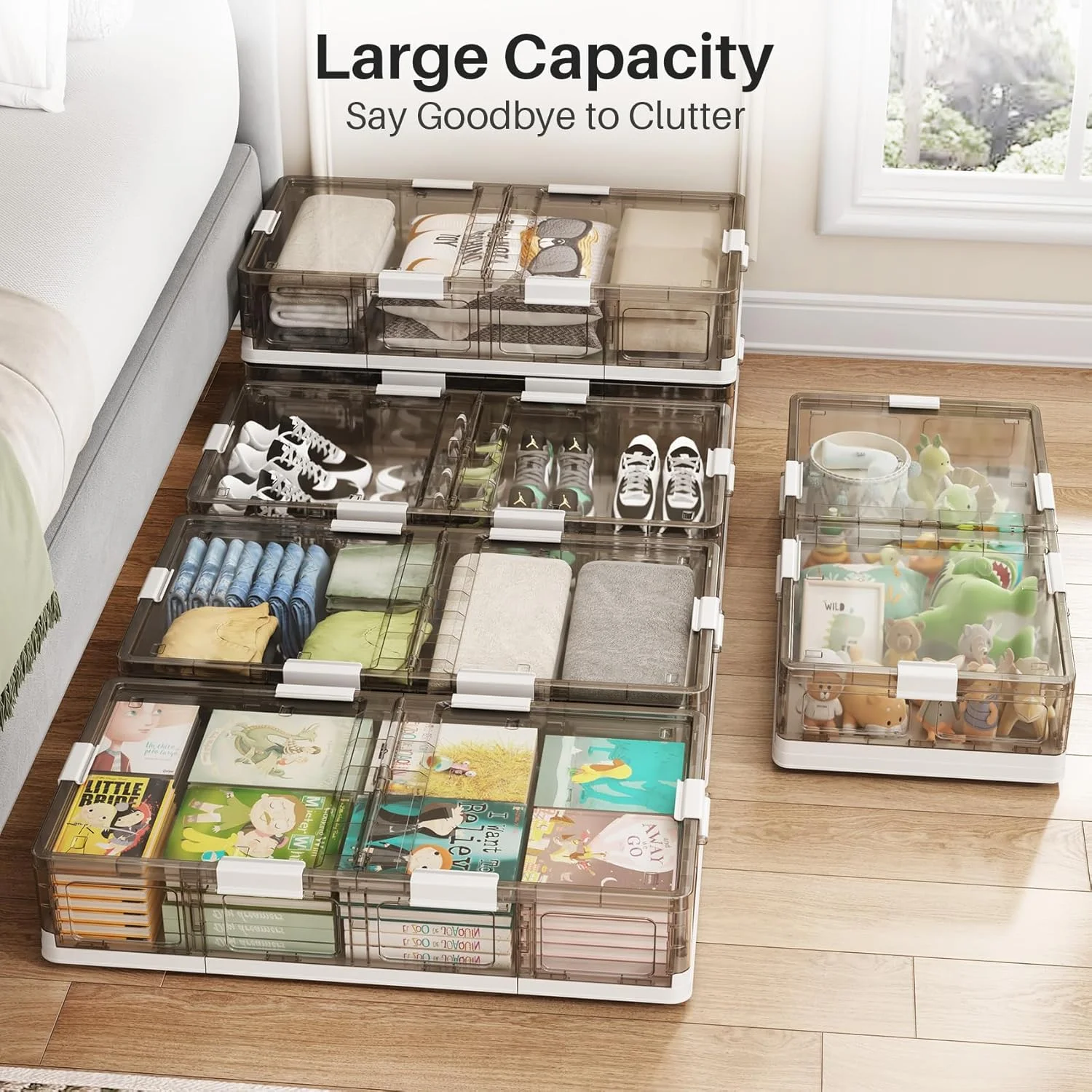 Plastic Under Bed Storage Containers,2 Pack Underbed Storage with Wheels,Foldable and Stackable Under Bed Organizer,Moisture and Dust-proof Storage Boxes for Clothes Shoes,13.6 Gal
