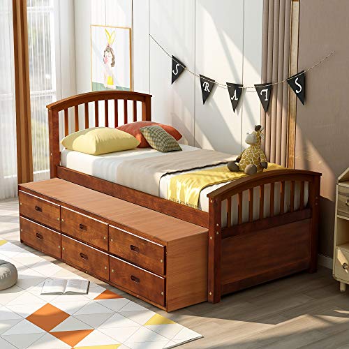 SOFTSEA Twin Platform Bed with Storage 6 Drawers, Twin Captain Bed for Kids Teens Adults, Twin Platform Bed with Headboard and Footboard for Bedroom, Solid Wood Bed Frame, White
