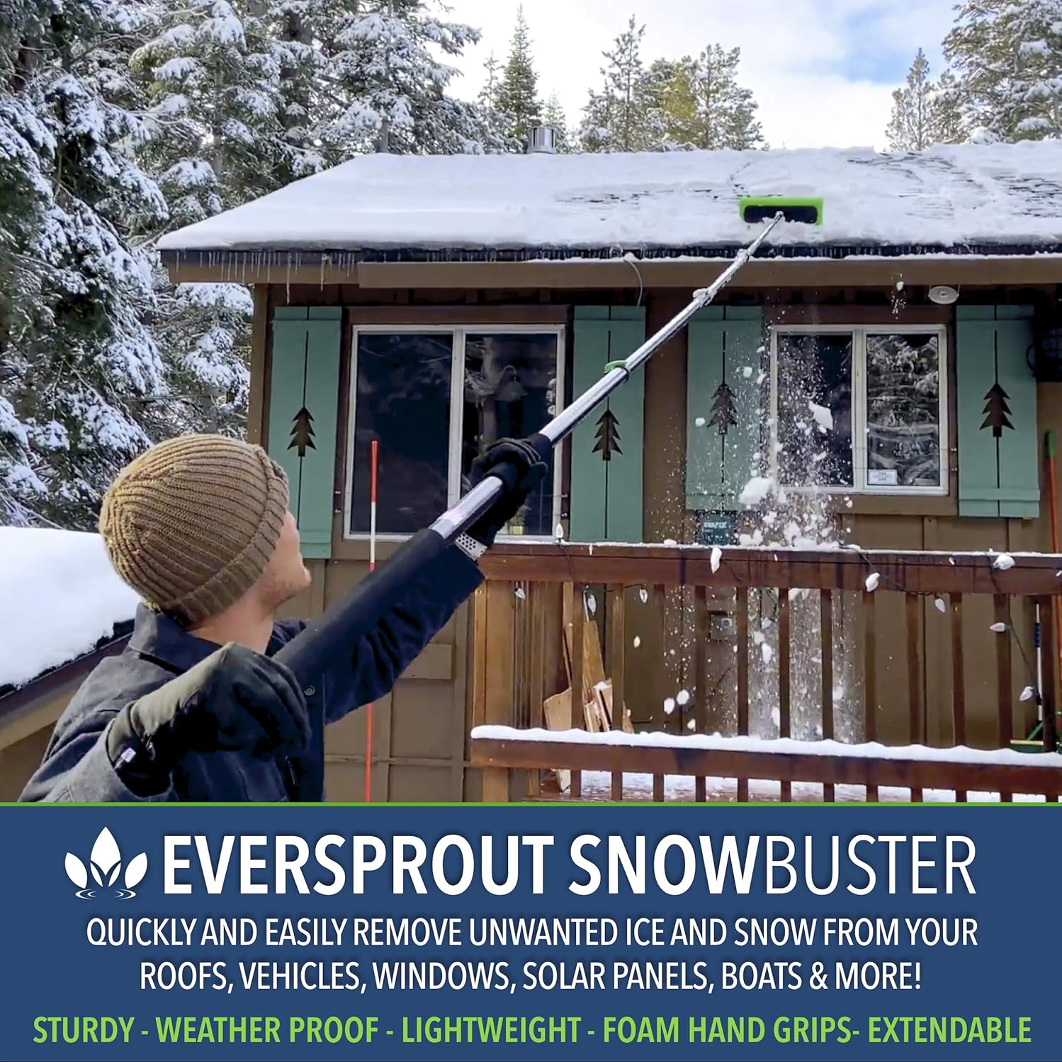 EVERSPROUT Never-Scratch SnowBuster 7-to-24 Foot (Up to 30 Ft Standing Reach) | Pre-Assembled Extendable Roof Rake for Snow Removal | Heavy-Duty Aluminum, Soft Foam Pad | Exclusive Push/Pull Design