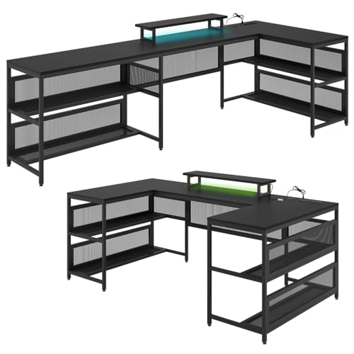 Computer Desk U Shaped 82" with LED Lights and Power Outlets, Reversible Gaming Desk with Monitor Stand, Corner Gaming Desk for Home Office Workstation, Printer Storage Shelves, Two Person Desk,Black