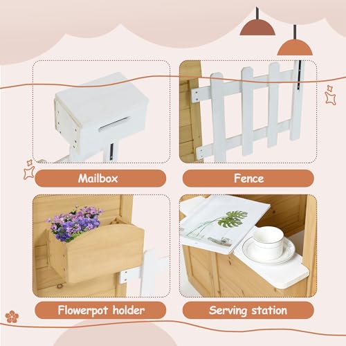 Outdoor Playhouse, Wooden Playhouse for Kids, Backyard Playhouse with Window, Mailbox, Picnic Bench, Fenced, Flowerpot Holders, Gift for Age 2+, 39" x 38" x 55.5"