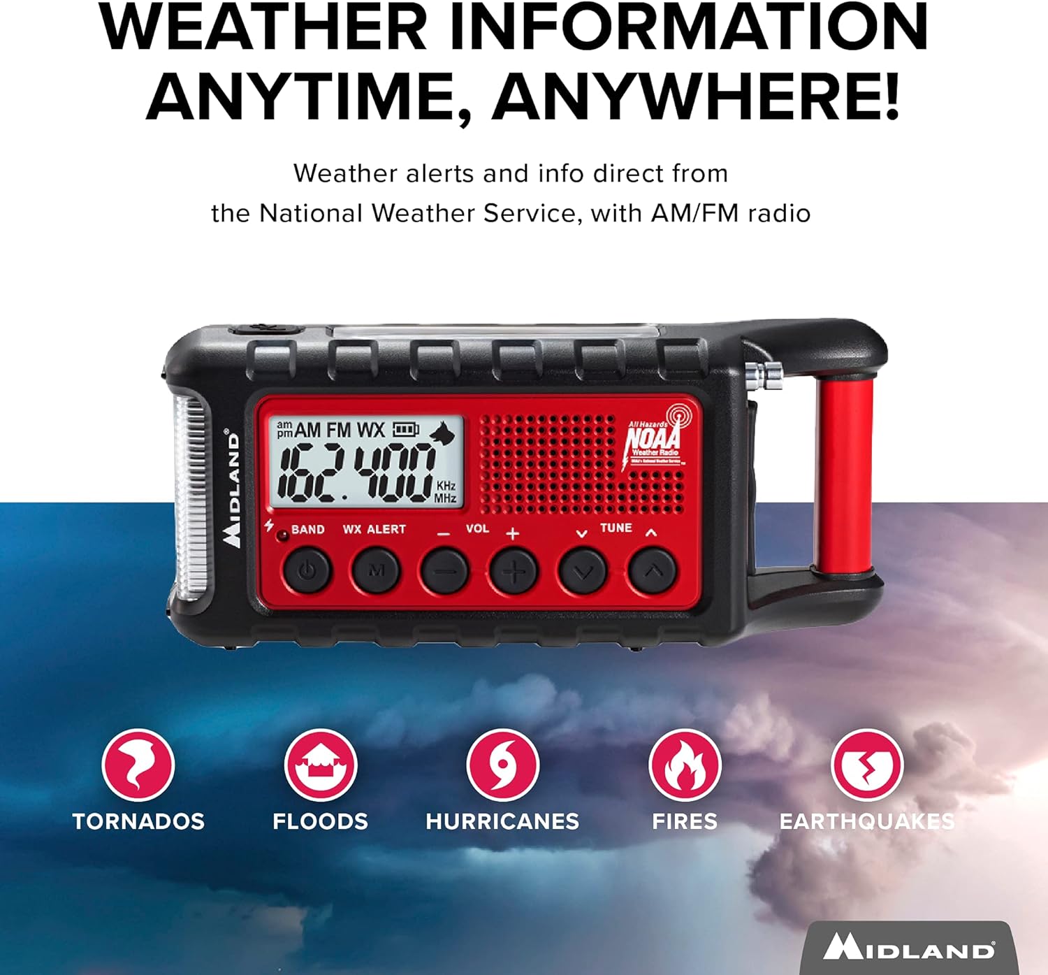 Midland - ER310, Emergency Crank Weather AM/FM Radio - Multiple Power Sources, SOS Emergency Flashlight, Ultrasonic Dog Whistle, & NOAA Weather Scan + Alert (Red/Black)