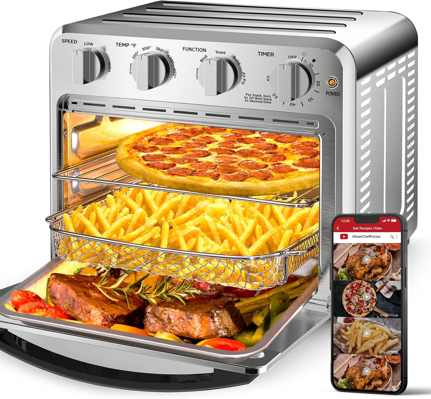 Geek Chef Air Fryer Toaster Oven Combo,16QT Convection Ovens Countertop, 4 Slice Toaster, 9-inch Pizza, with Warm, Broil, Toast, Bake, Air Fry, Oil-Free, 100+ Online Video Recipes & Accessories