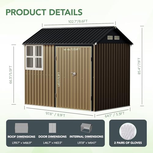 10X12X7.5 FT Outdoor Steel Storage Shed with Lockable Doors, 2 Windows, Transparent Roof Panels (Wood Panels & Frame Floor Not Included), Ideal for Patio Storage,Garbage Can, Chicken Coop，Brown