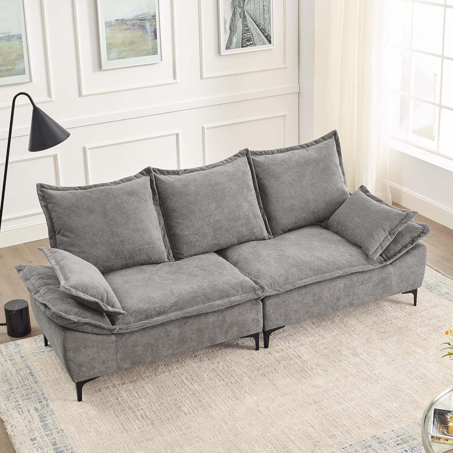 88.5" Sofa for Living Room, Modern Sofa Couch Sailboat Couches Dutch Velvet 3-Seater Sofa with 2 Pillows for Bedroom Apartment Small Space Grey