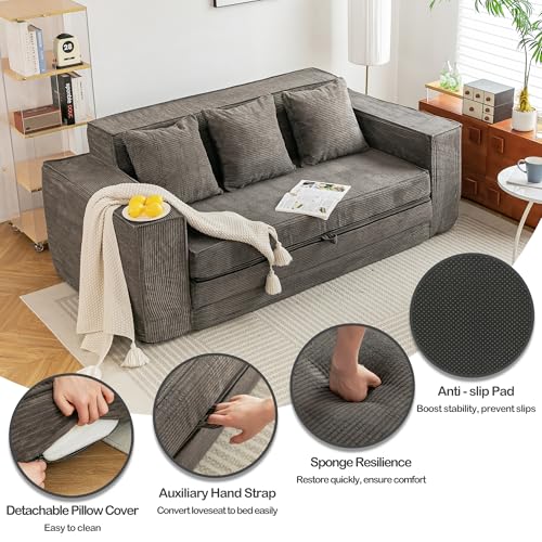 HOMREST 76" Convertible Memory Foam 3-seat Sofa, Pull Out Sleeper Sofa Bed, 2 in 1 Folding Couch Bed, Fold Out Floor Couch Corduroy Fabric with 3 Pillows for Living Room Bedroom Lounge (Grey)