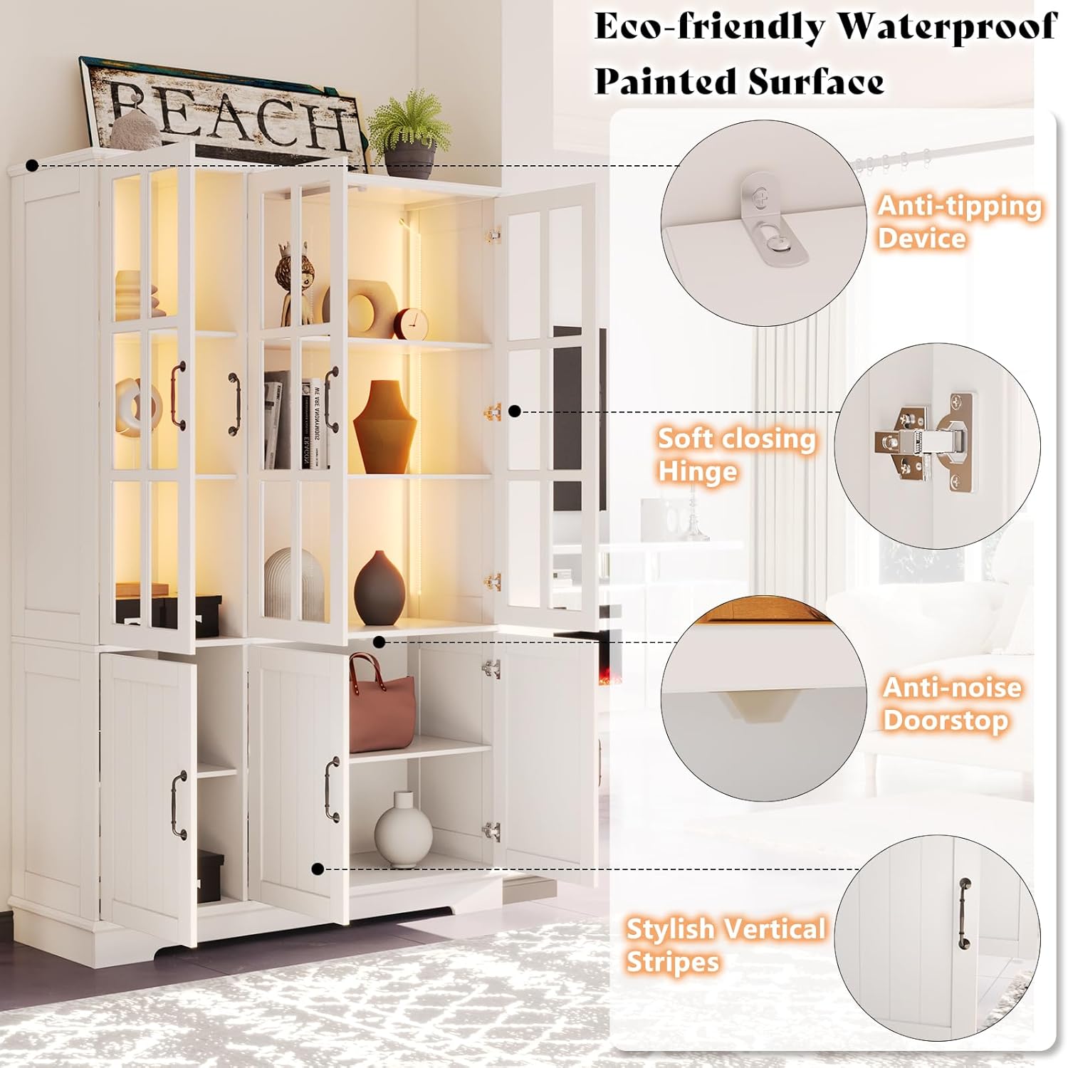 AMERLIFE 71" Tall Storage Cabinet with LED Lights, 5 Tier Large Modern Wood Kitchen Pantry with Acrylic Glass Doors & Shelves, Display Cabinet for Living Room, Dining Room, Bathroom, 6 Doors White