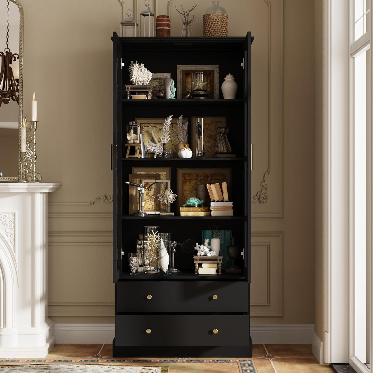 ECACAD 4-Tier Tall Bookcase Storage Cabinet with Glass Doors, Drawers & Shelves, Wooden Bookshelf Display Cabinet for Living Room, Office, Black (31.5”L x 15.7”W x 70.1”H)
