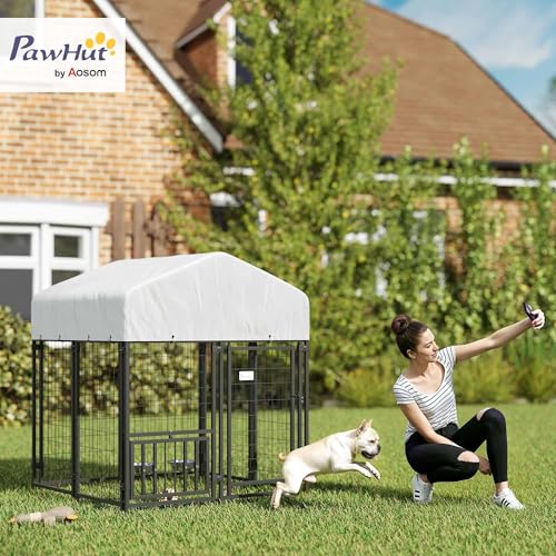 PawHut 4.6' x 4.6' x 5' Dog Kennel Outside, Welded Wire Outdoor Dog Kennel Run with Waterproof & UV Resistant Cover, for S&M Breeds, Chickens, Ducks, Black