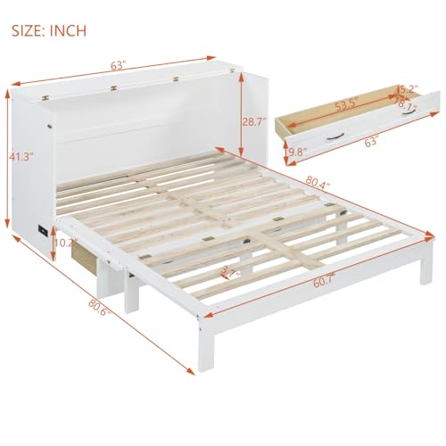 Full Size Murphy Bed Cabinet, Solid Wood Murphy Bed with Charging Station and Large Storage Drawer, Wall Mounted Foldable Platform Bed, Space Saving for Guest Room, Office, Gray