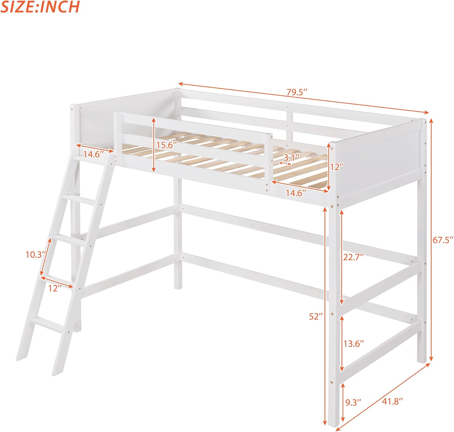 Solid Wood Twin Size Loft Bed with Ladder(White)