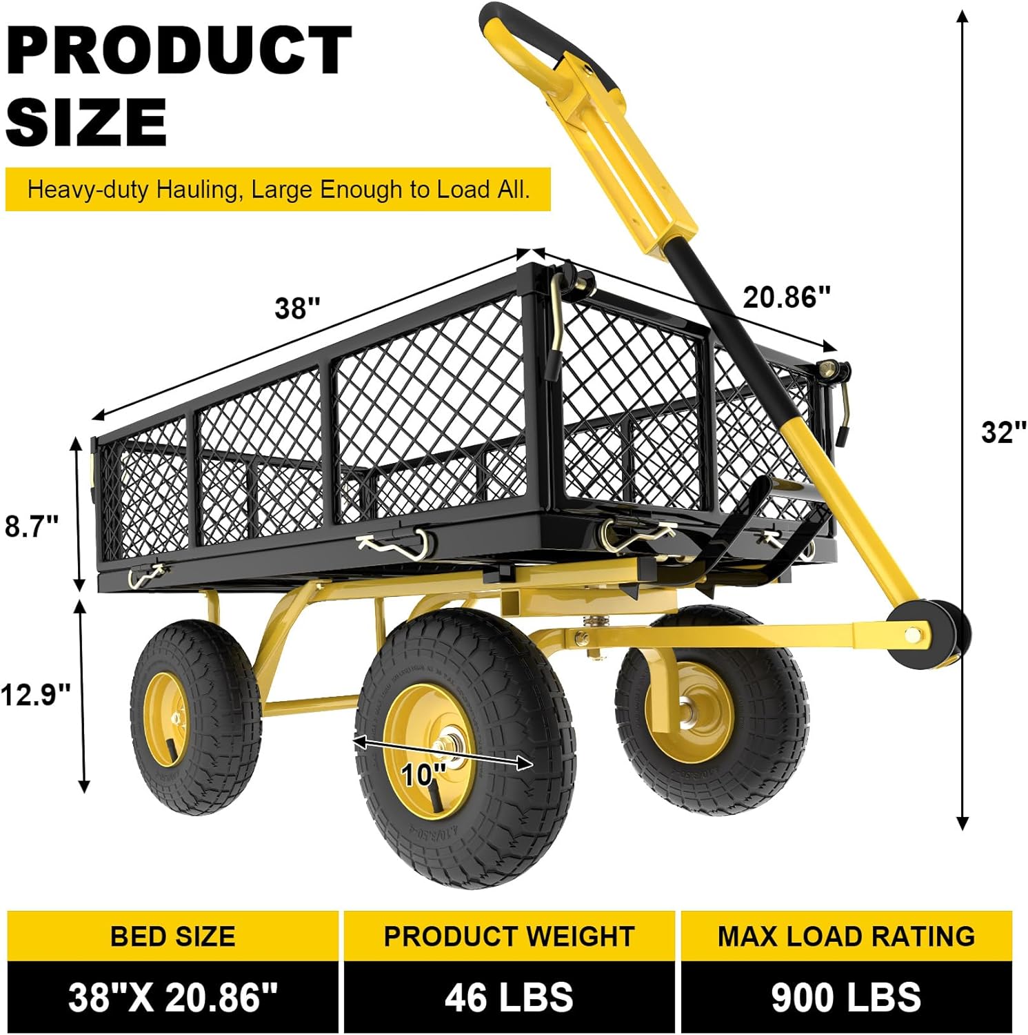 Garden Cart, Heavy Duty 900 Lbs Capacity Mesh Steel Garden Dump Cart, Folding Garden Wagon with Removable Mesh Sides, Utility Metal Wagon with 180° Rotating Handle and 10-inch Wheels