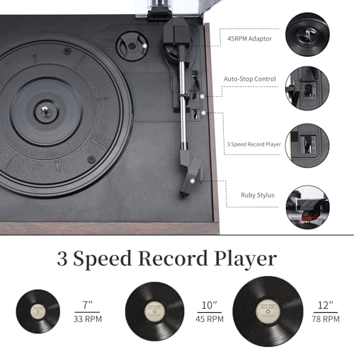 9 in 1 Record Player with External Speakers,3 Speed Bluetooth Turntable Vinyl Player with CD/Cassette Play,AM/FM Radio, USB SD/MMC Play, Aux-in/RCA Line Out