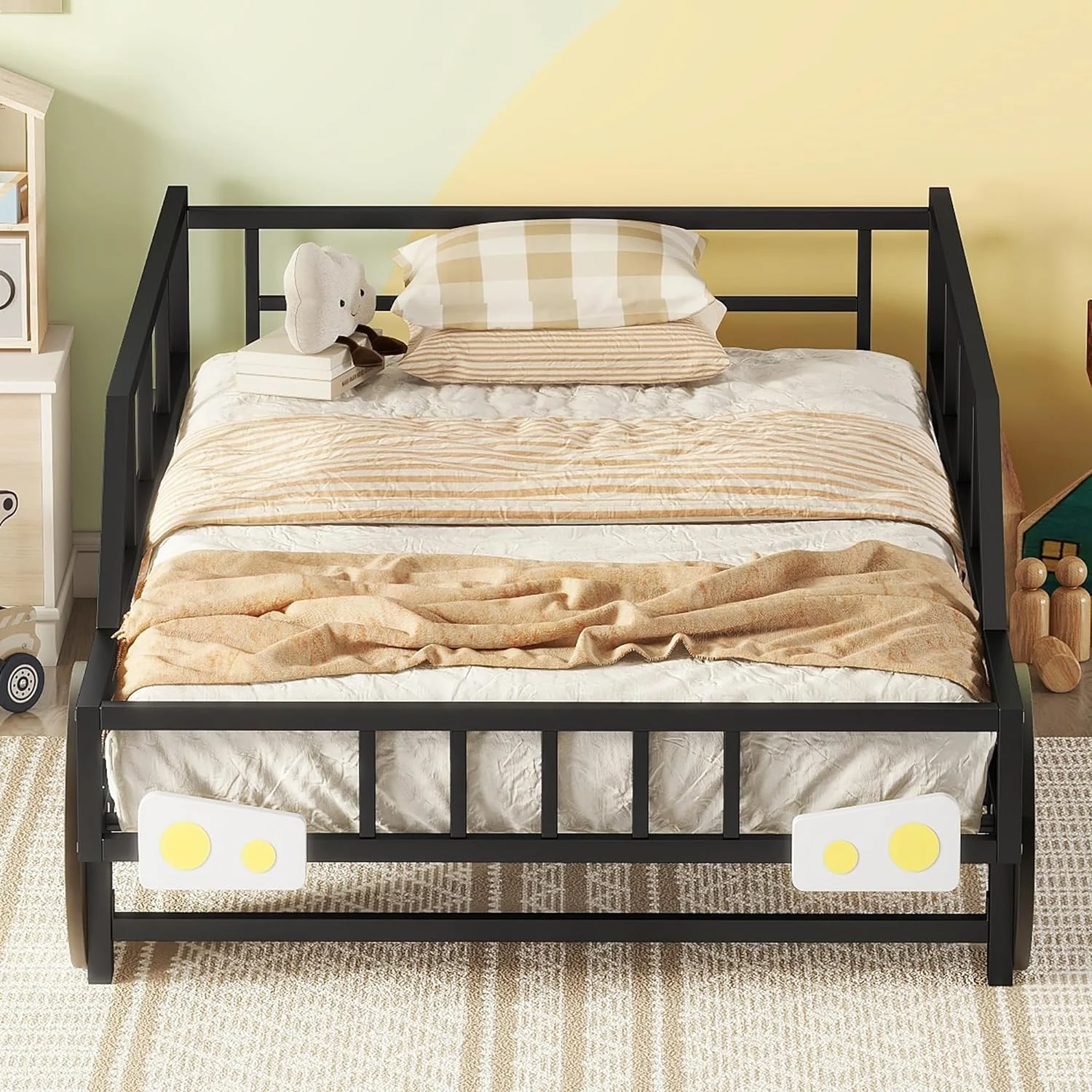 Size Car Bed Wih Rails Ad 4 Wheels, Meal Kids Low Plaform Bed Frame, Race Car Bed For Kids Boys Girls ees, Black