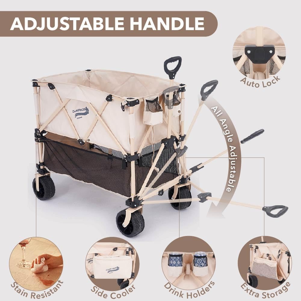 400L Collapsible Folding Double Decker Beach Wagon |Heavy Duty Utility Cart Extender|Supports 450lbs|All-Terrain Big Wheels with Breaks for Sports Camping (Beige/Beige)