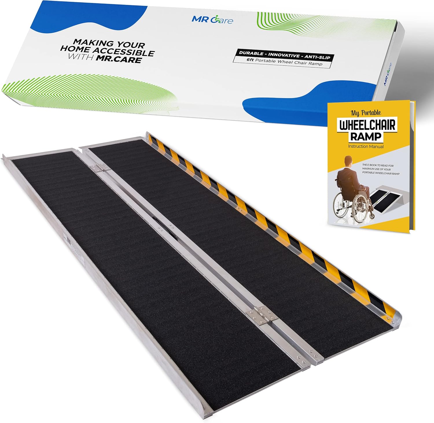 MR CARE Portable Wheelchair Ramp | Lightweight Foldable Ramps for Wheelchairs with Handle | Featuring Unique Yellow Reflective Caution Stickers | Perfect Wheel Chair Ramp for Home Steps (2FT)