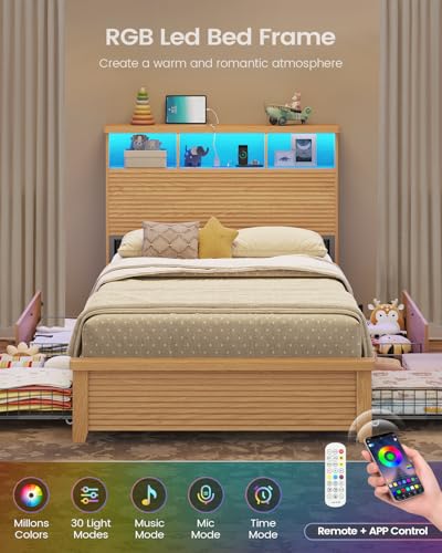 VIAGDO Wood Bed Frame Full Size with 4 Storage Drawers and Charging Station, Fluted Led Full Bed Frame with 2 Tier Storage Headboard, No Box Spring Needed,Wood