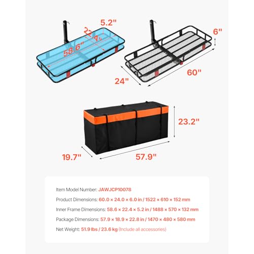 VEVOR 60x24x6 Folding Hitch Carrier - 500lb Capacity Cargo Basket & Waterproof Bag, Fits 2" Hitch Receiver for SUV, Truck, Pickup